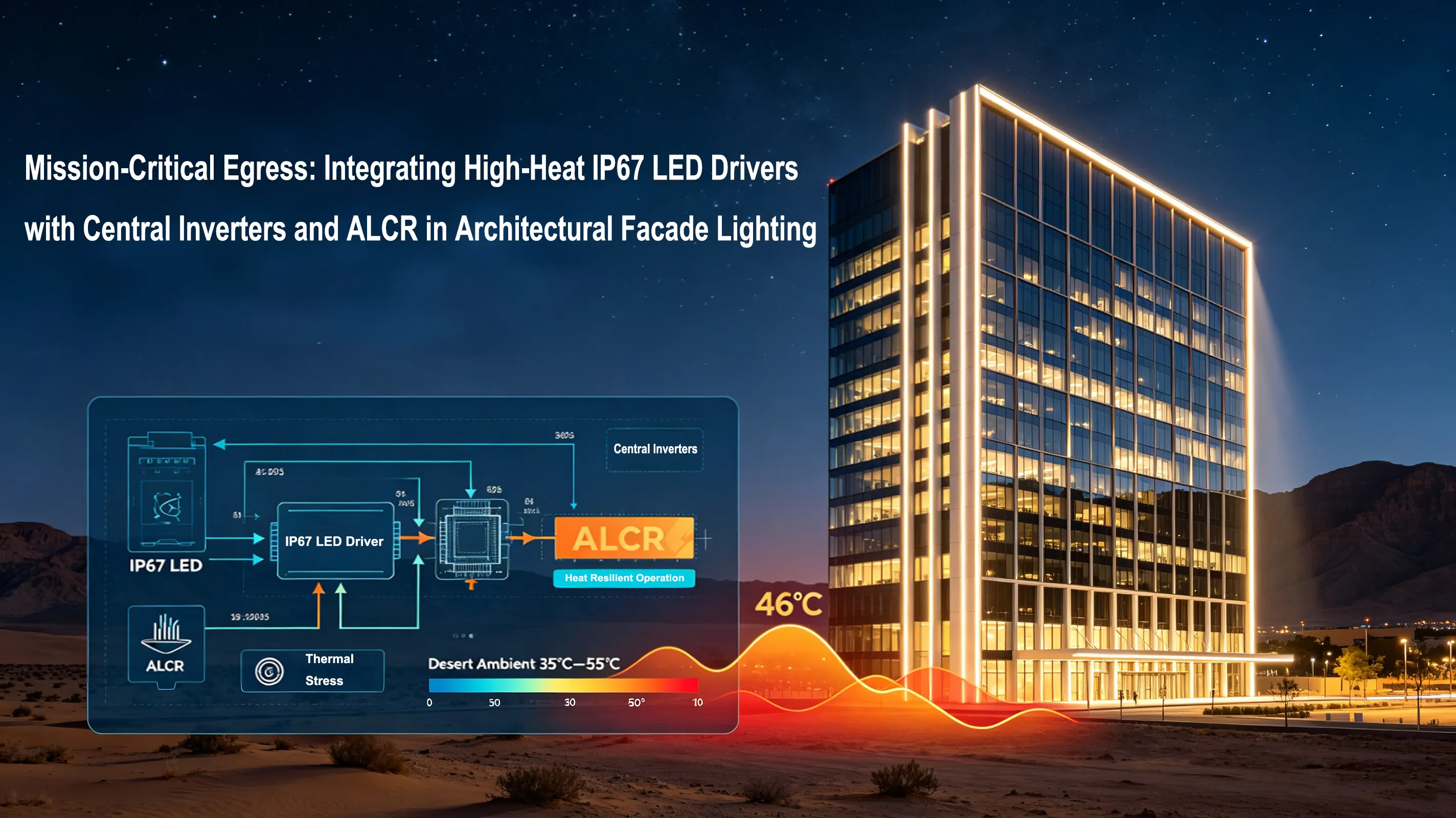 Mission-Critical Egress: Integrating High-Heat IP67 LED Drivers with Central Inverters and ALCR in Architectural Facade Lighting